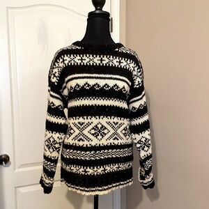 Joseph Abboud Chunky Knit Fair Isle Crewneck Sweater Black Cream Size S Wool